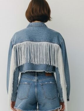 SHEIN Frenchy Fringe Raw Hem Button Front Crop Denim Jacket Womens Size XS
